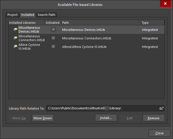 Available File-based Libraries dialog