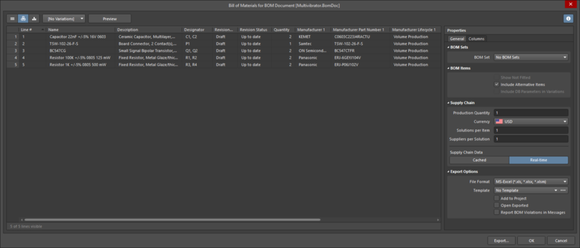 Bill of Materials Report Manager dialog