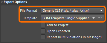 Bill of Materials Report Manager dialog, Export Options