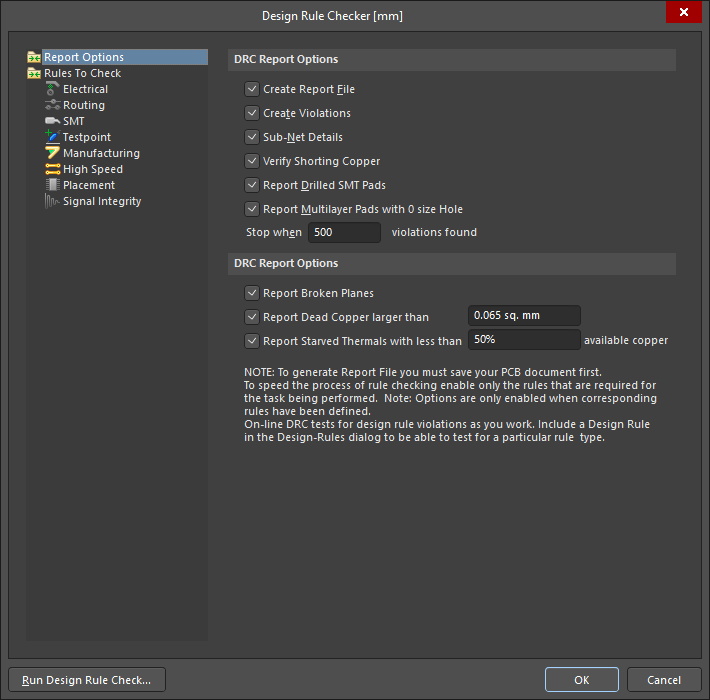 Design Rule Check dialog, Report Options page