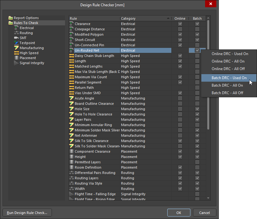 Design Rule Check dialog, Rules to Check page, right-click to configure settings