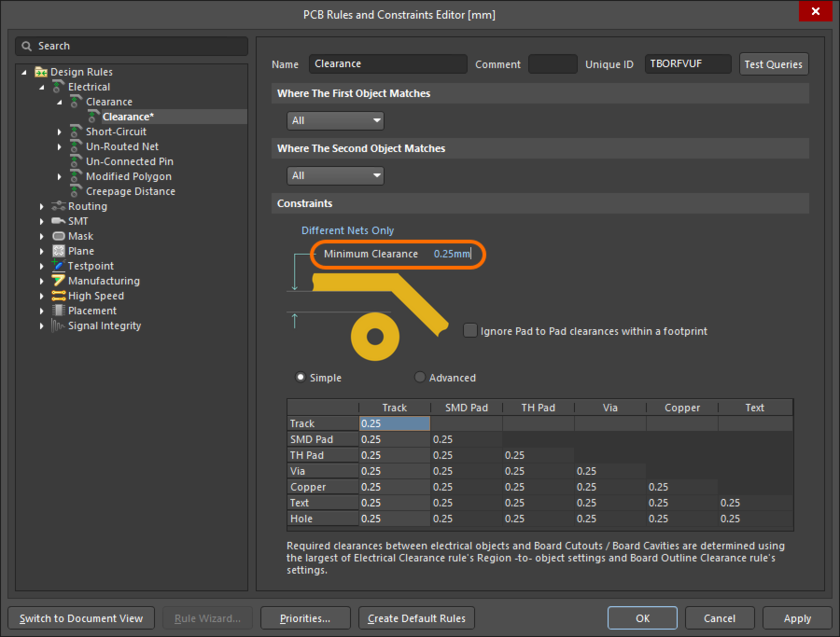 PCB editor, configuring the Electrical Clearance design rule