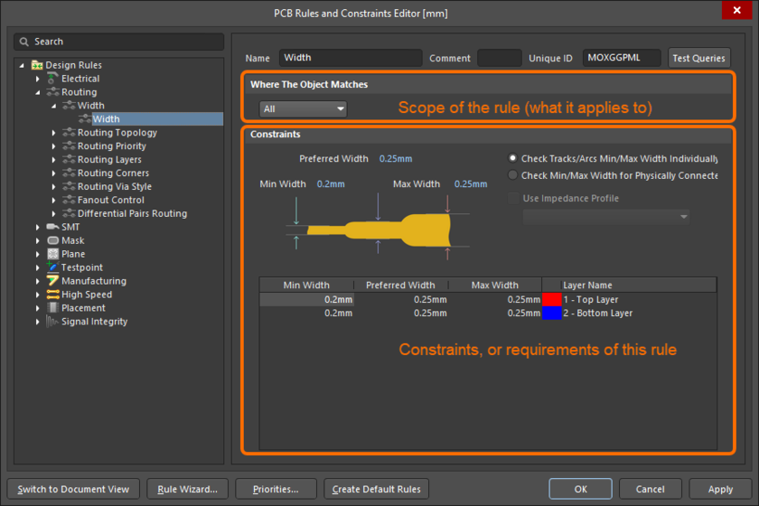 PCB editor, configuring the Routing Width design rule