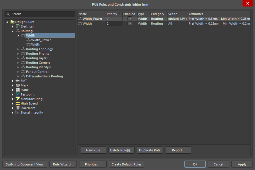 PCB editor, list of the current Routing Width design rules