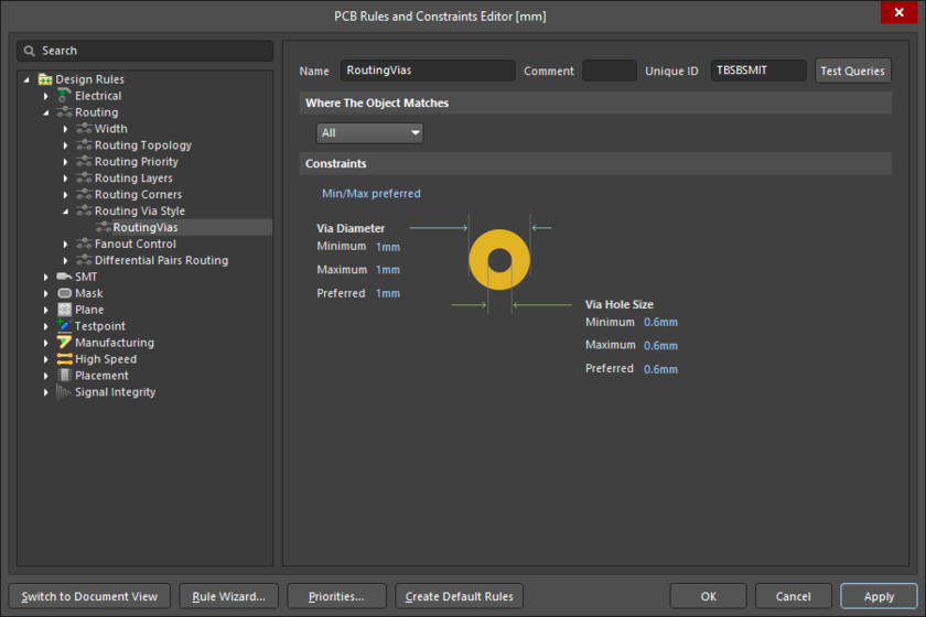 PCB editor, configuring the Routing Via Style design rule