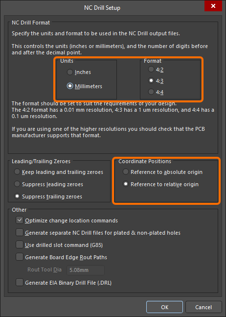 NC Drill Setup dialog, configured to generate proper NC Drill files