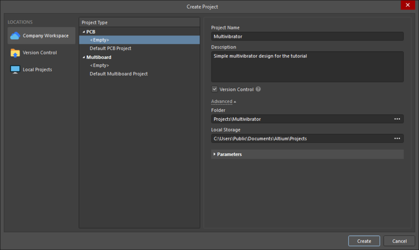 Create Project dialog