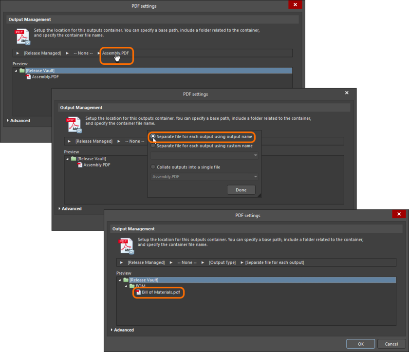 PDF setting dialog, configuring output naming