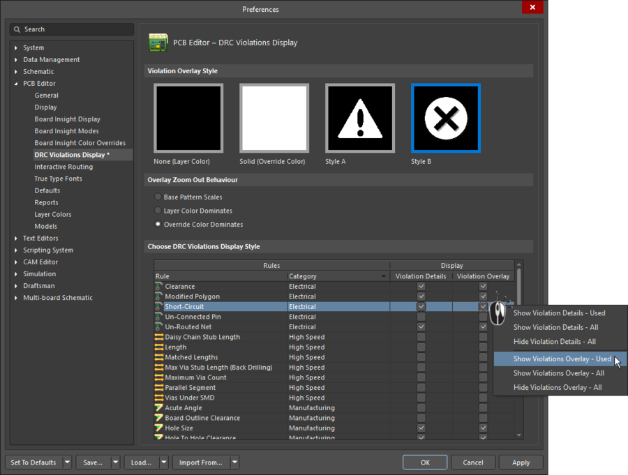 Preferences dialog, PCB Editor DRC Violations Display page