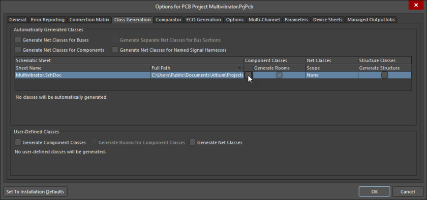 Options for PCB Project dialog, Class Generation tab
