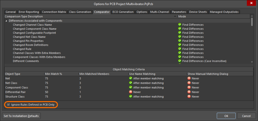 Options for PCB Project dialog, Comparator tab