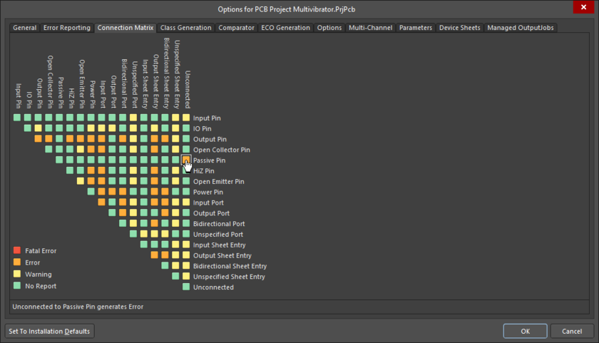 Options for PCB Project dialog, Connection Matrix tab