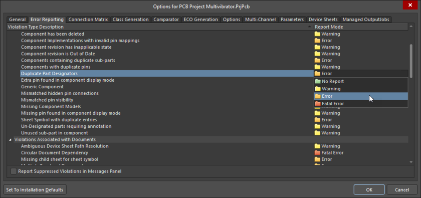 Options for PCB Project dialog, Error Reporting tab
