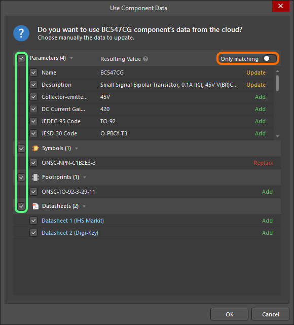 Use Component Data dialog, transistor creation