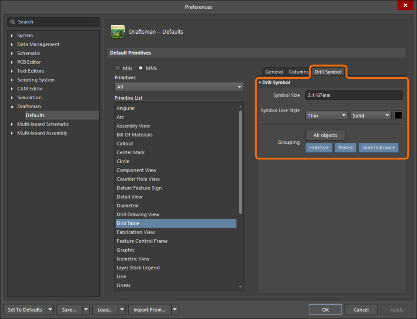Default settings for some additional options of Draftsman's Drill Table can now be defined on the Drill Symbols tab of the Preferences Draftsman - Default page.