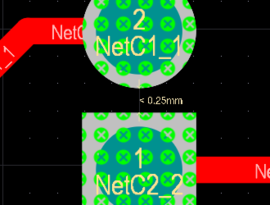 PCB editor, example of violations display, zoomed in