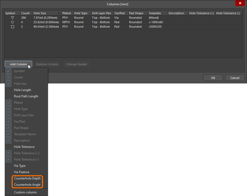Enabling the Counterhole Depth and Counterhole Angle columns for a Drill Table from the Columns dialog.