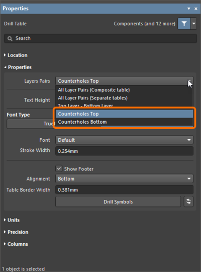 The Counterholes Top and Counterholes Bottom groups in the Hole Size Editor mode of the PCB panel (the first image) and in the Drill Table mode of the Properties panel (the second image).