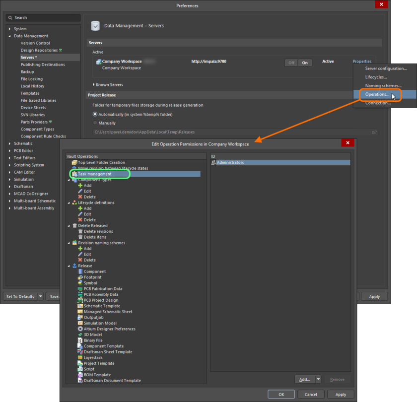 Set access level to the tasks by defining permissions for the Task management operation in the Edit Operations Permissions dialog from Altium NEXUS.