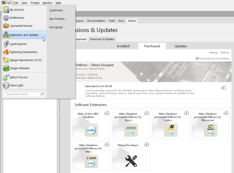 Install the 'Altium Developer' extension from the Purchased tab in the Extensions & Updates interface.