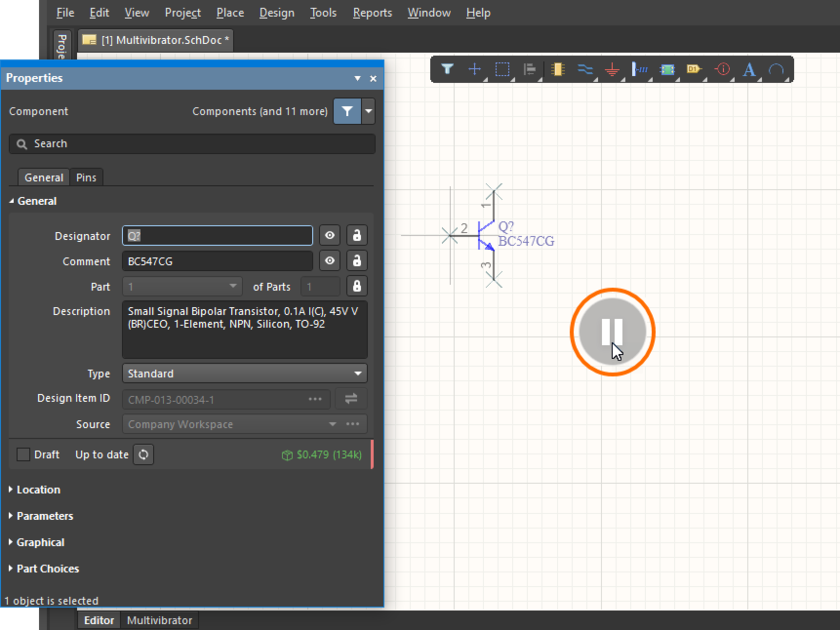Demonstration of pausing to edit the schematic component properties on the fly