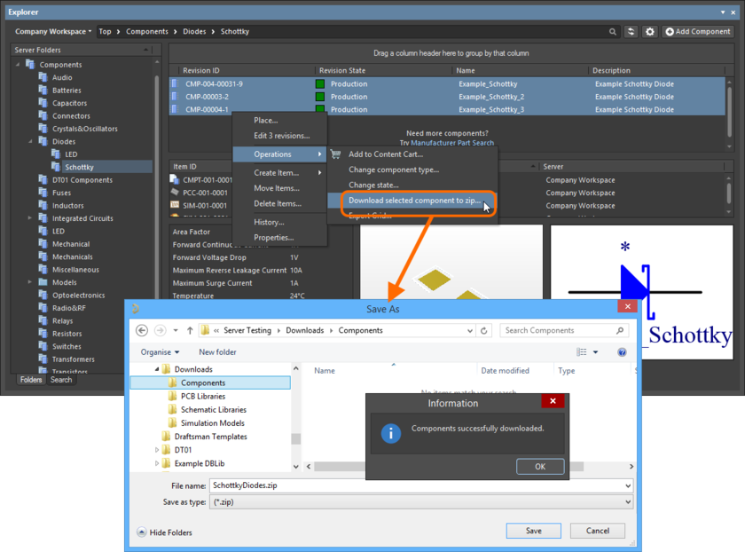 Example download of multiple selected components into a ZIP archive.