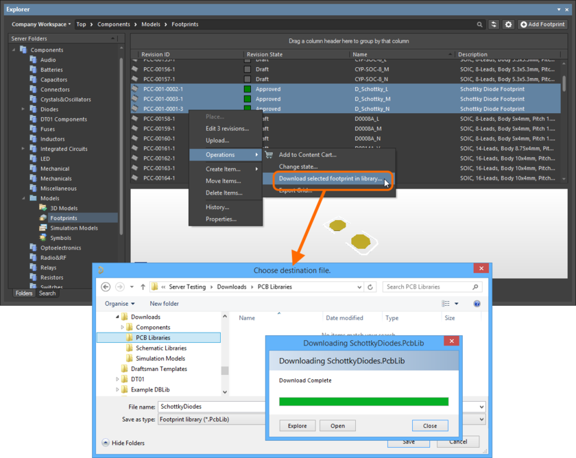 Example download of multiple selected footprints into a PCB Library document.