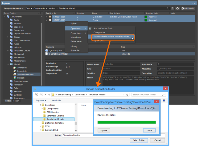 Example download of multiple selected simulation models into a designated folder.