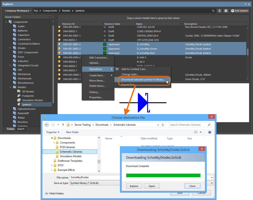 Example download of multiple selected symbols into a Schematic Library document.