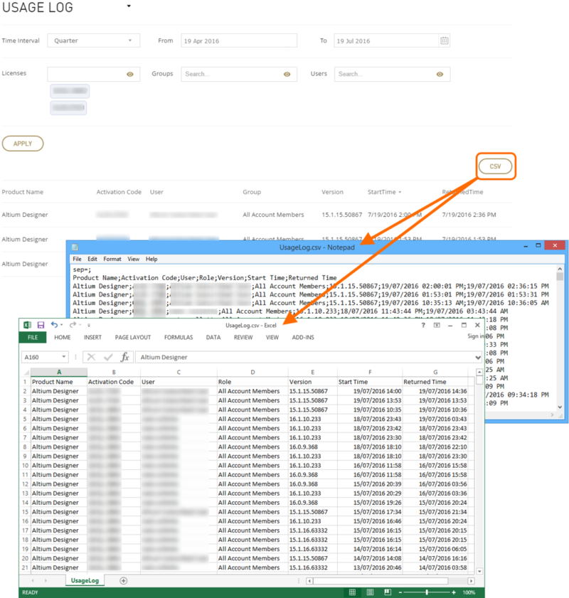 Example Usage Log exported into CSV format (the generated file has been extracted from the downloaded zip file and opened in both Notepad and Microsoft Excel.