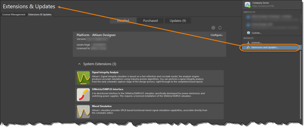 Accessing the Extensions & Updates area - command central from where you can efficiently manage the functionality available in the software.