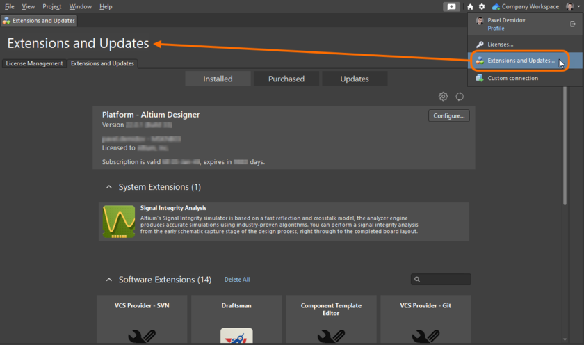 Accessing the Extensions and Updates area – command central from where you can efficiently manage the functionality available in the software.