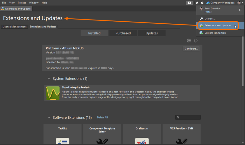 Accessing the Extensions and Updates area – command central from where you can efficiently manage the functionality available in the software.