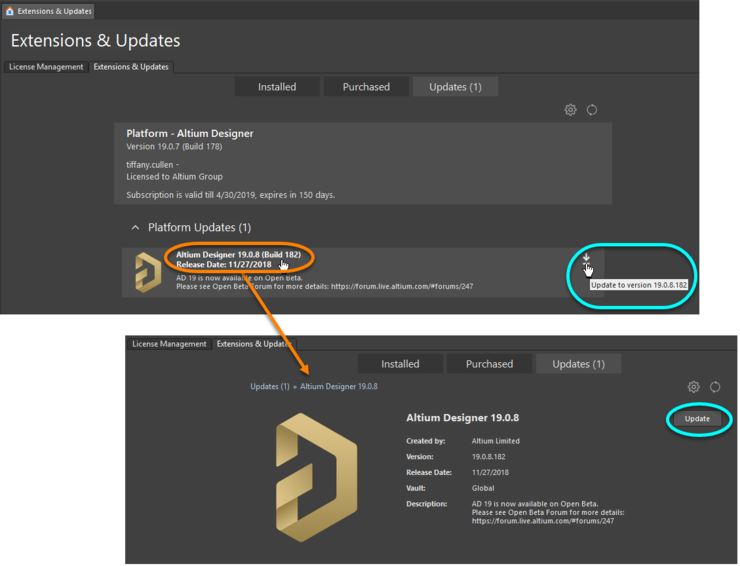 Update to a new version of Altium Designer directly from within the current version.