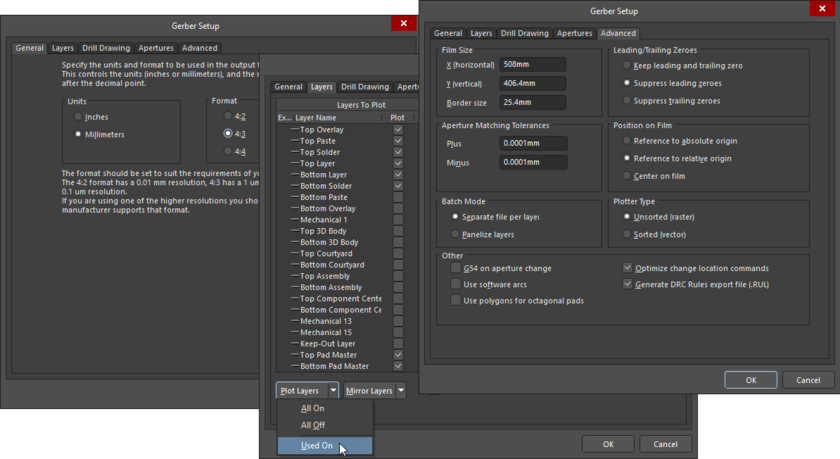 Composite image showing 3 of the 5 tabs in the Gerber Setup dialog