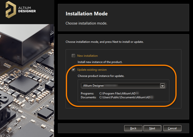 Choose to update an existing instance of Altium Designer during installation of a later version of the software.
