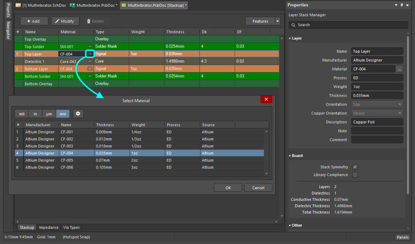 PCB editor Layer Stack Manager, selecting a material