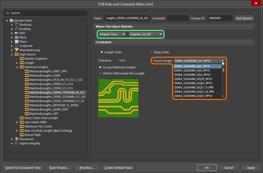 When an xSignal class is selected as a Matched Length design rule scope, one of its xSignals can be selected as a source target.