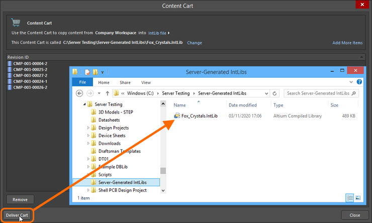Deliver the cart to the target folder, which will contain the required Integrated Library file.