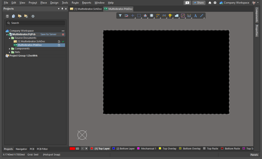 Altium Designer, showing a new PCB added to the project