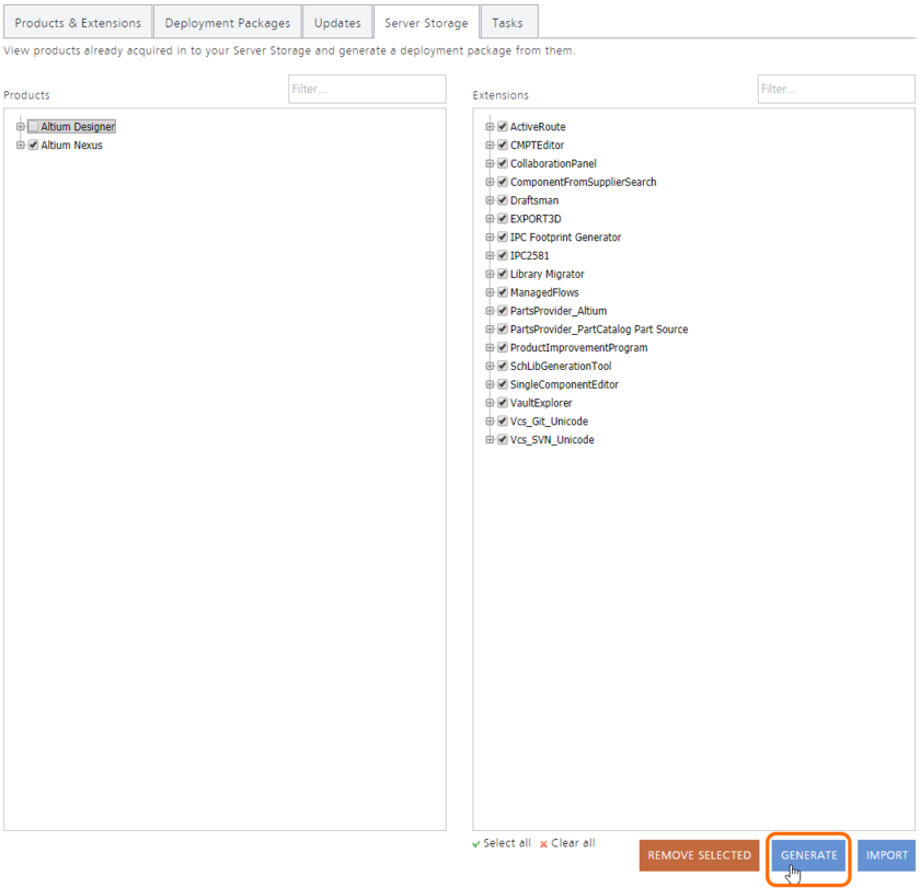 You can generate a deployment package directly from a selected product and any extensions in the Server Storage tab of the interface. Roll over the image to see that you will

be taken to the Deployment Packages tab of the interface, and the Deployment Package dialog presented, with which to refine the package as required.