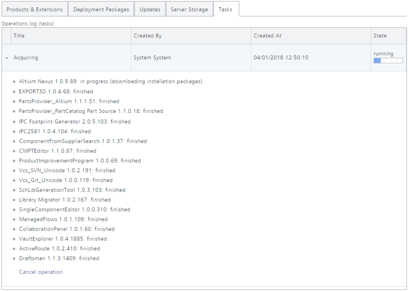 The Tasks tab of the NIS interface is where you can view a task that is currently running, or tasks that have been run - an operational log as it were. Hover over the image to

see the task run to completion. Notice that in our underlying example, whereby a single product was chosen for acquisition, all extensions related to that version of product, and

that are installed by default when that product itself is installed, are also acquired.