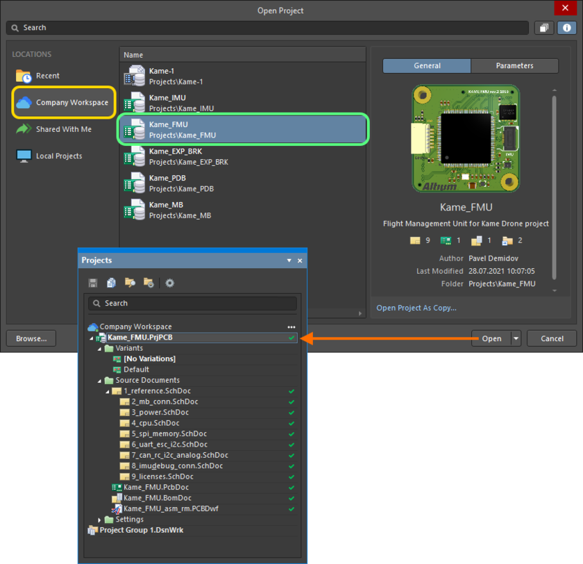 Obtain a local copy of a project by opening it (essentially checking it out of your connected Workspace). Shown here is an example of opening a project from a connected Altium 365 Workspace. Hover the cursor over the image to see an example of opening a project from a connected Concord Pro Workspace.