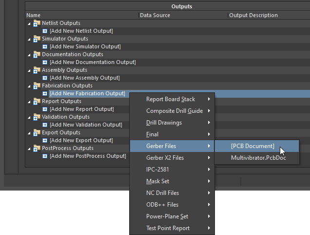OutputJob, showing the menu when you click to add a new Fabrication Output