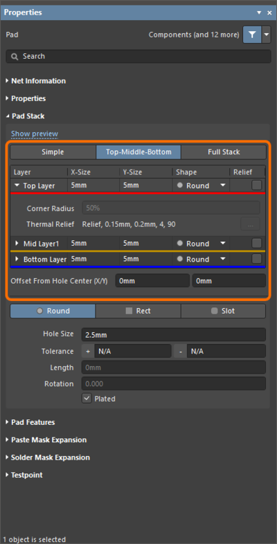 The updated Pad Stack section of Pad properties when editing a pad stack in Top-Middle-Bottom (the first image) or Full Stack (the second image) mode with the Top layer options expanded.