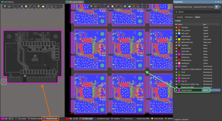 The Keepout layer of the source PCB can now be shown in the Embedded Board Array.