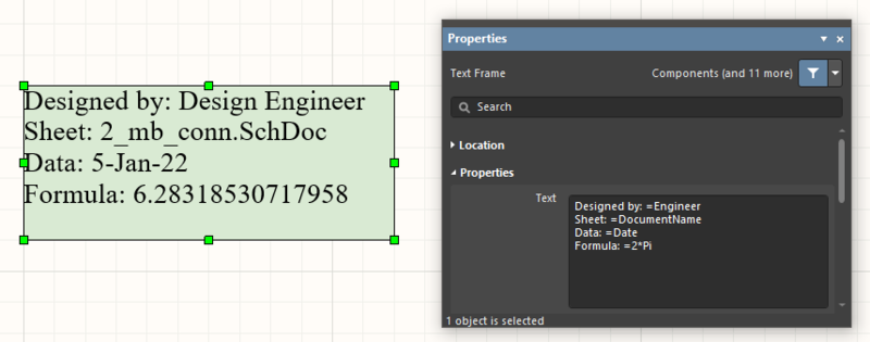 Special strings and formulas can be evaluated inside a Text Frame or a Note by using the 