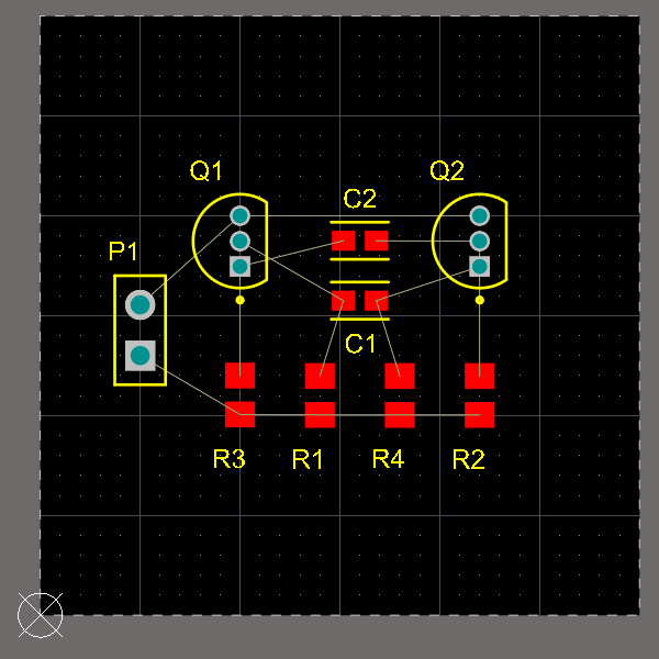 PCB editor, components positioned on the board