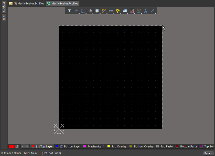 PCB editor, the board size has been defined, and the units, origin and grid have been set