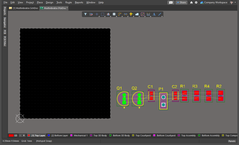 PCB editor, the components have been placed outside the board shape and the nets created